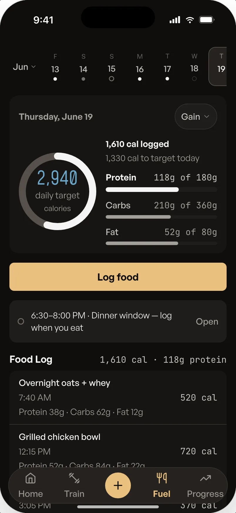 D1 Performance Fuel screen showing a sample daily calorie target, macro progress, and food log.