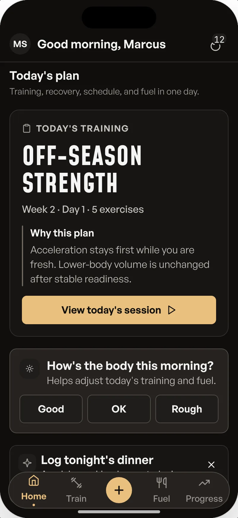D1 Performance Home screen showing a sample off-season strength plan, why it was prescribed, and a readiness check.