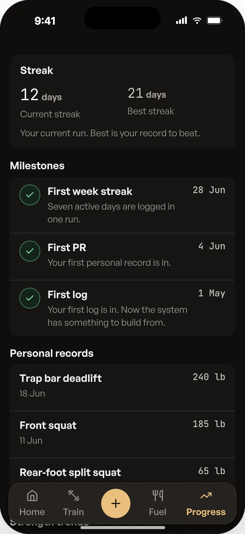 D1 Performance Progress screen showing sample streaks, earned milestones, and personal records.