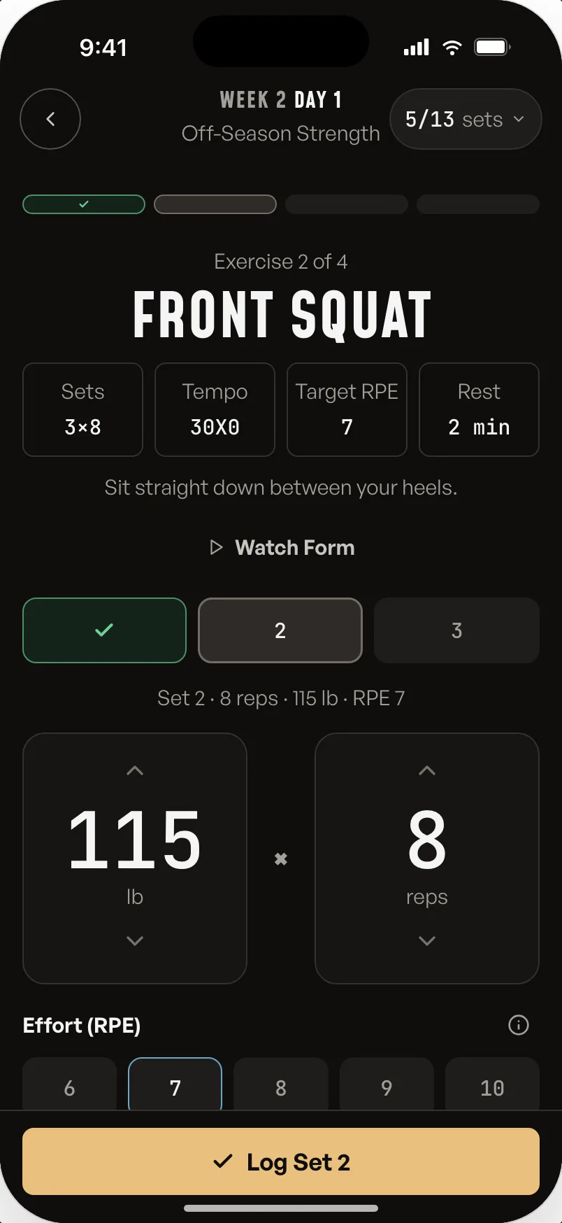 D1 Performance workout screen showing a sample front squat prescription and a set being logged.
